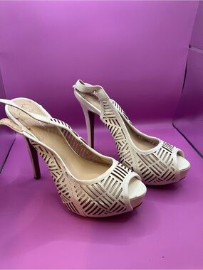 BCBGeneration Cream Laser-Cut Peep-Toe Slingback Heels